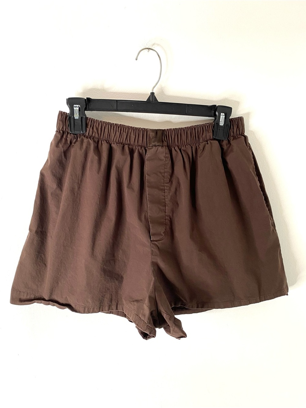 Skims Chocolate Brown Cotton Stretch Athletic Shorts Elastic Waist Faux Fly